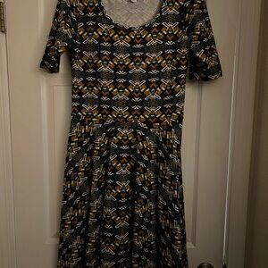 LuLaRoe Black and Gold Geometric Midi Dress